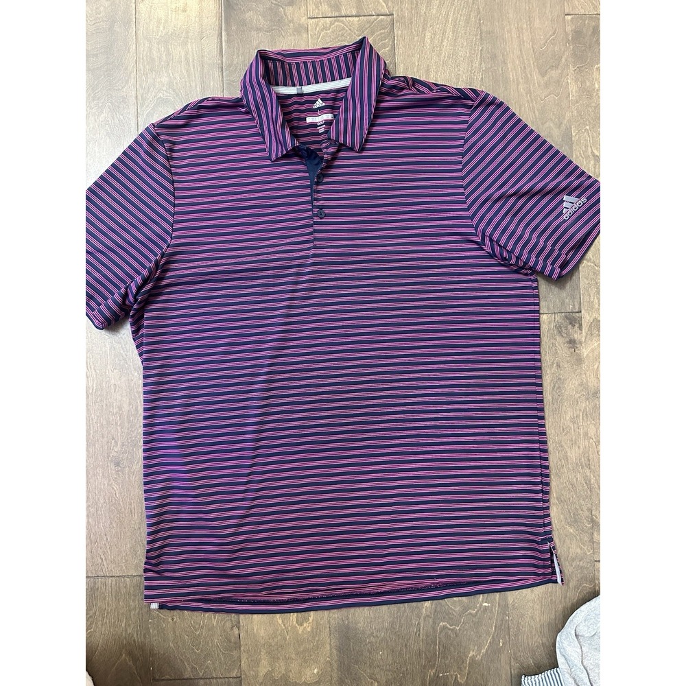 Adidas Polo Shirt‎ Men's Large Pink/Blue striped  Club Logo Short Sleeve Golf